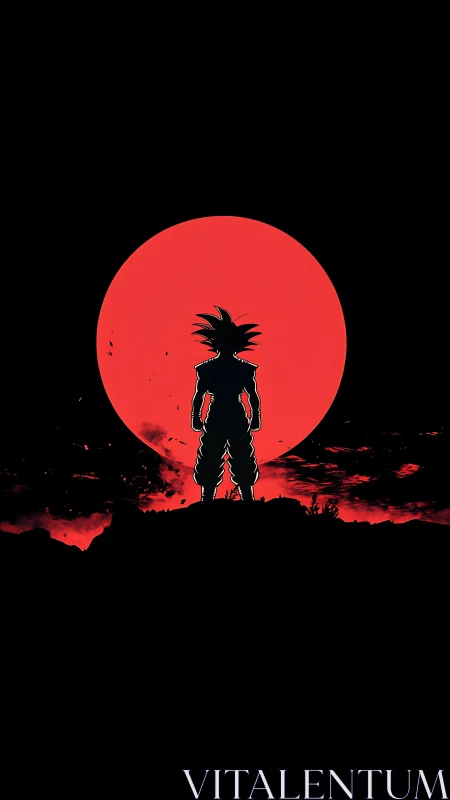 Lone anime warrior crowned by a colossal blood red moon.