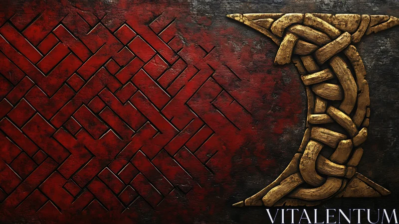 Braided golden sigil slicing through woven crimson geometry.