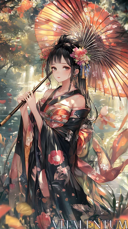 Graceful kimono girl beneath a blossom patterned parasol.