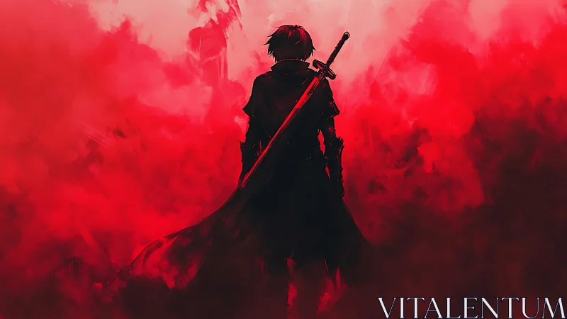 Lone cloaked swordsman in red misty battlefield scene.