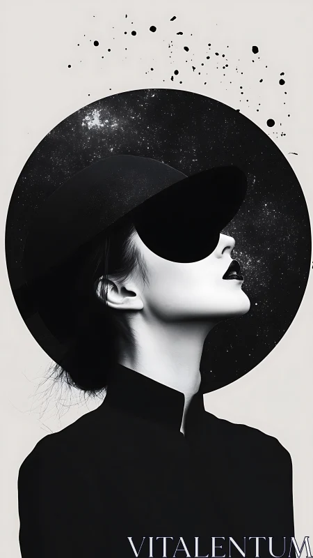 Monochrome woman in cosmic halo gazes toward infinite space.