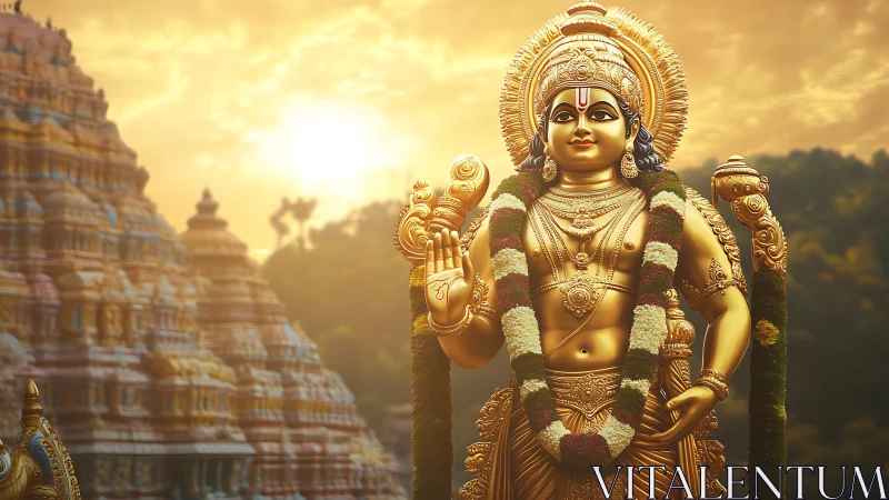 Golden South Indian deity statue under radiant temple sunset.