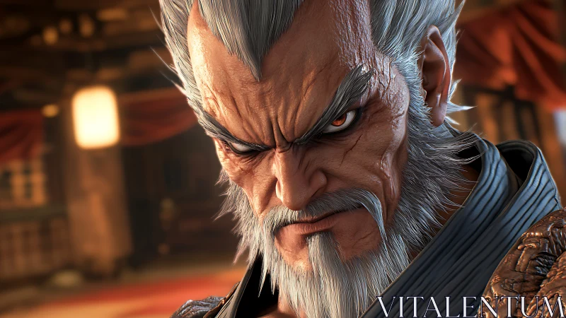 Steel-browed elder warrior glaring through ember-lit silence.