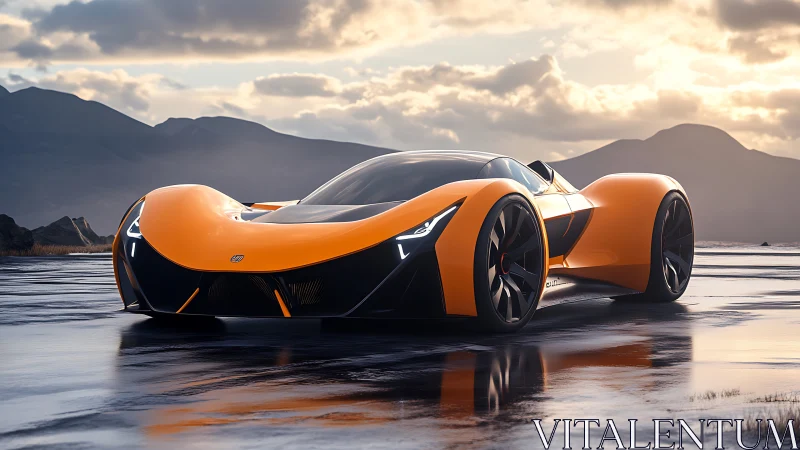 Sunlit supercar paused on a quiet mirrorlike shoreline.