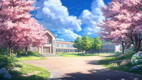 School courtyard under cherry blossoms in clear daylight.