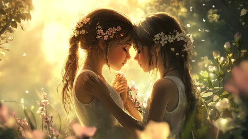 Two female figures positioned face-to-face in flowering garden setting.