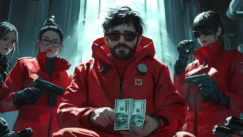 Group in red tactical suits holds cash and firearms indoors