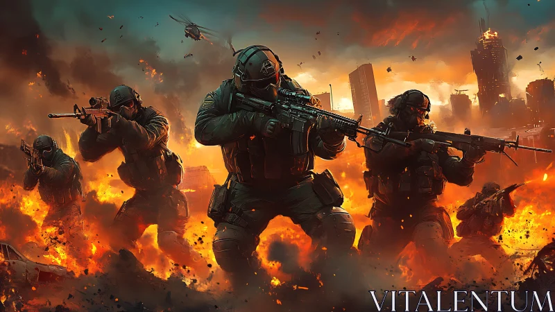 Tactical assault squad advances through urban firestorm in HDR