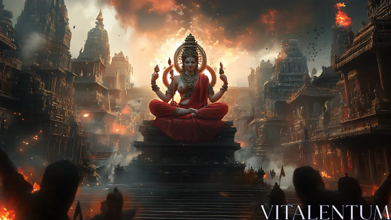 Fire crowned deity above war torn temple city in twilight.