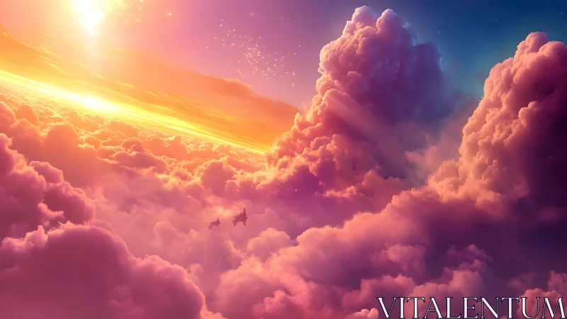 Dream-bright sky voyage through oceans of rose-gold clouds.