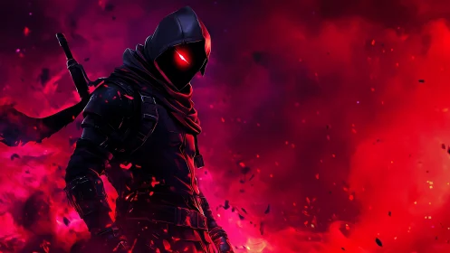 Hooded cyber assassin stands amid blazing crimson smoke