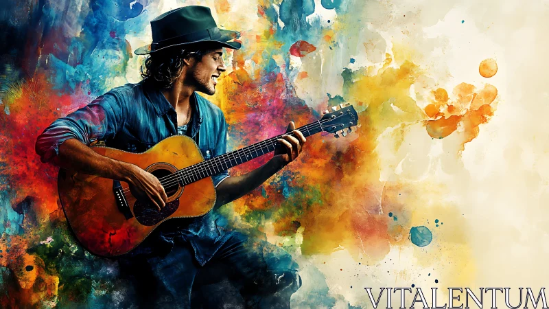 Guitarist in profile amid multicolored abstract paint field.