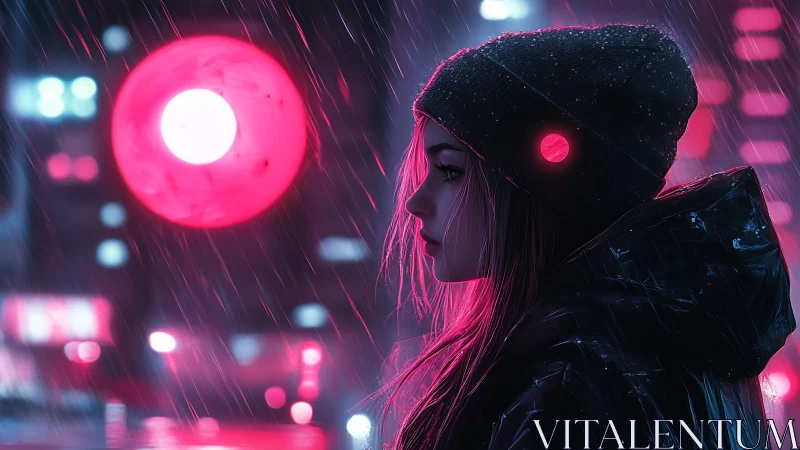 Solitary figure in neon city rain with pink backlight.