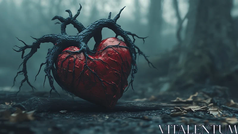 Rooted red heart glows quietly in a misty forest clearing