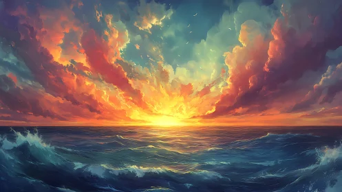 Digital seascape depicts low-horizon sunset with dynamic clouds