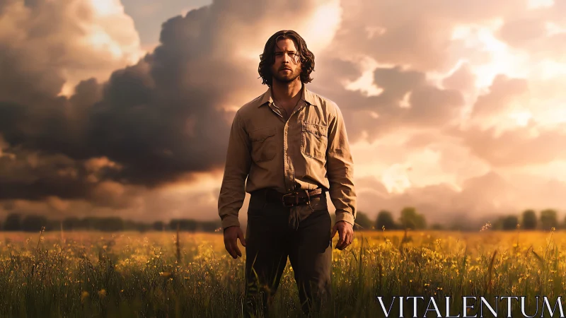 Man standing in sunlit field under large storm clouds.