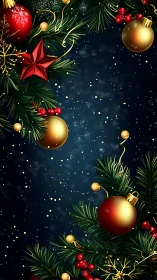 Christmas border with baubles on dark starry background.