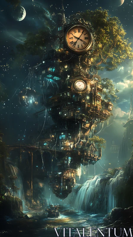 Vertical clocktower skyport rises above nocturnal waterfalls