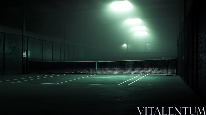 Empty indoor tennis court glows under cold green lights