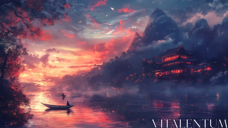 Lakeside temple at dusk with boat and distant mountains.