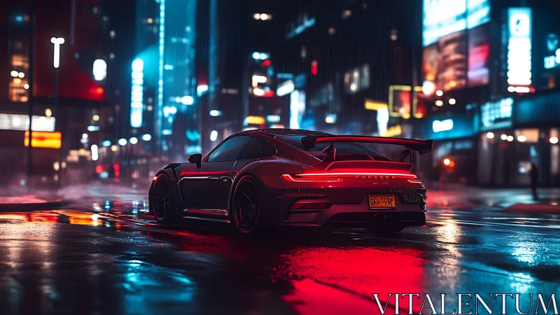 Neon rain crowns a Porsche as it prowls the mirror-bright street