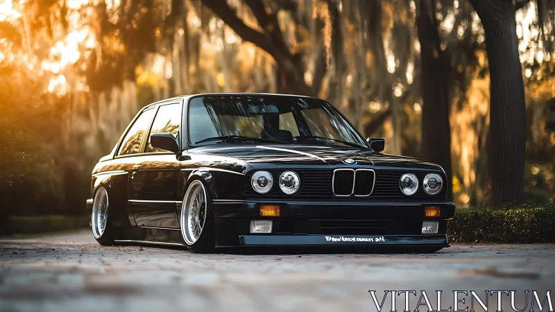 Lowered classic BMW E30 sedan with stance setup in warm bokeh light