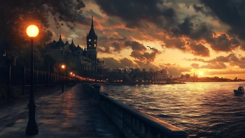 Golden riverside promenade glows softly in the fading sunset