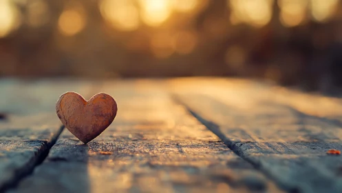 Rusted Heart on Weathered Wood at Golden Hour.