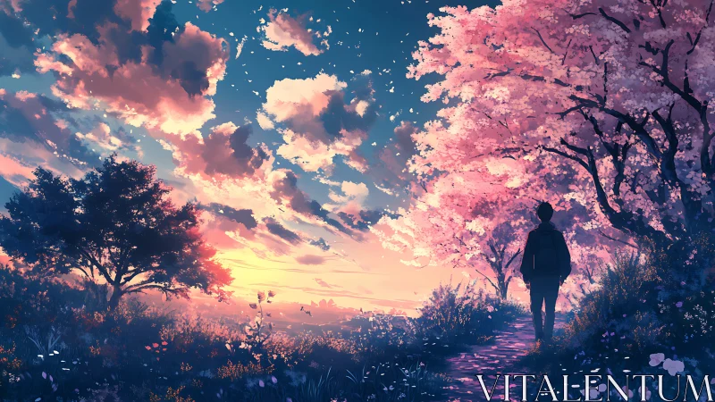 Soft sunset walk beneath drifting cherry blossom skies.