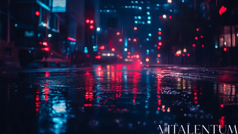 Neon soaked city street with cinematic depth of field at night.
