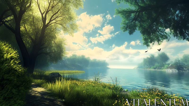 Sunlit forest lake path under vibrant summer sky.
