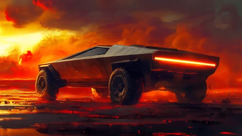 Cyberpunk off-road truck under incendiary sky at dusk.