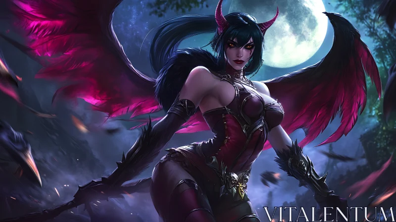 Nocturnal demon queen under full moon, high-fantasy digital painting.