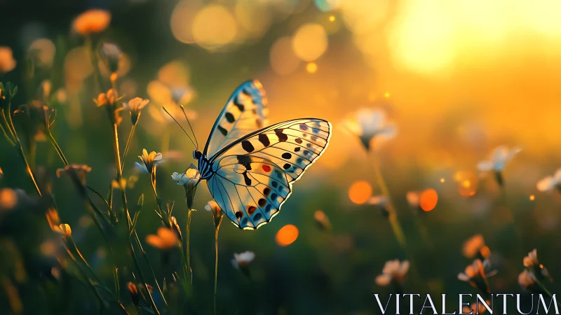 Butterfly rests on wildflowers in strongly backlit meadow