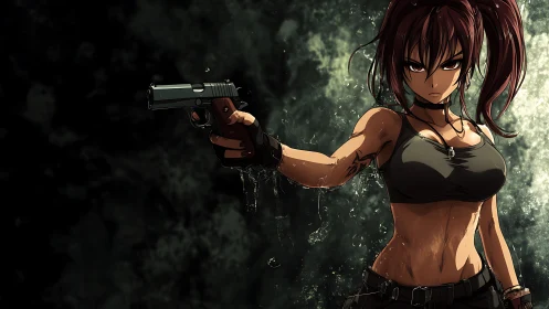 Armed anime heroine extends pistol in rain-drenched standoff.