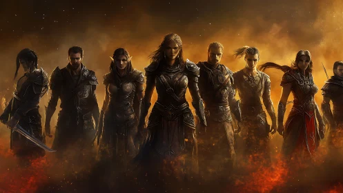 Fantasy warriors stand in formation against fiery background