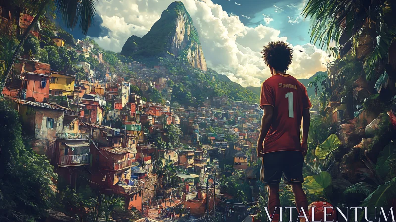 Backlit footballer surveys dense favela beneath dramatic peak