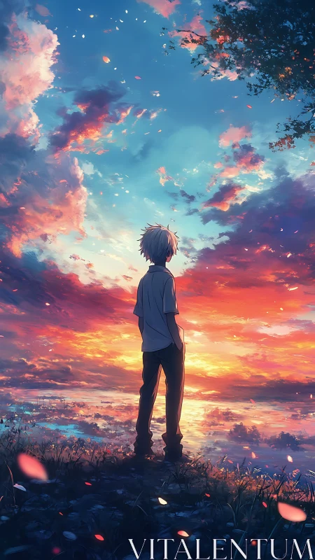 Solitary figure viewing multicolored sunset over water.