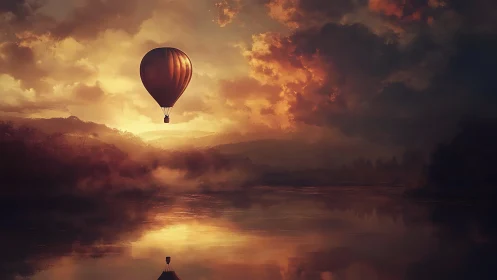 Solitary hot air balloon drifts over misty river at dusk