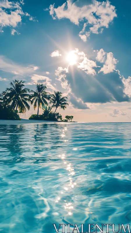 Tropical Island Paradise with Radiant Sunburst Through Clouds.