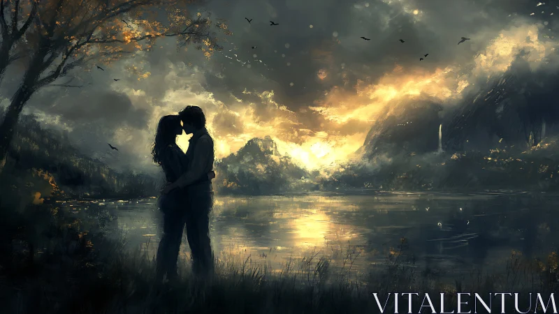 Silhouetted Couple Embracing at Twilight Over Reflective Water