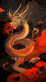 Fiery golden dragon coils through stormy crimson clouds