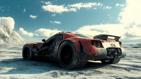 Futuristic red race car parked in desolate snowy landscape.