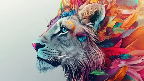 Majestic lion profile crowned with radiant digital feathers.