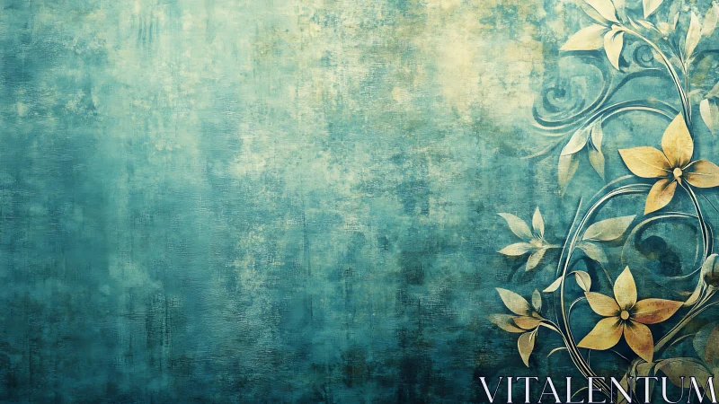 Vintage teal floral scrollwork over textured abstract ground.