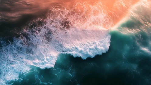 Aerial ocean surf glows under soft golden sunset light.