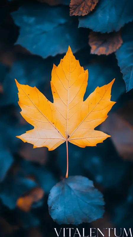 Golden maple leaf isolated against teal foliage bokeh.