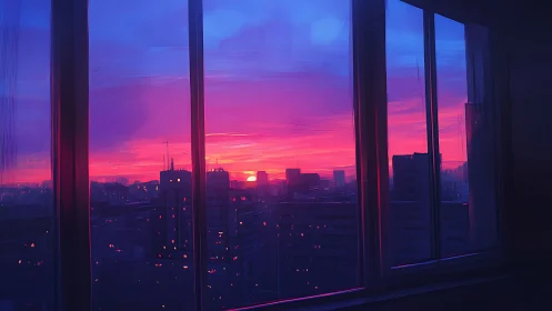 Window-framed urban skyline under high-saturation magenta sunset