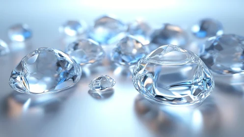 Glistening glassy droplets resting in soft blue light.