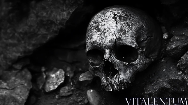 Weathered human skull embedded in dark fractured rock wall.